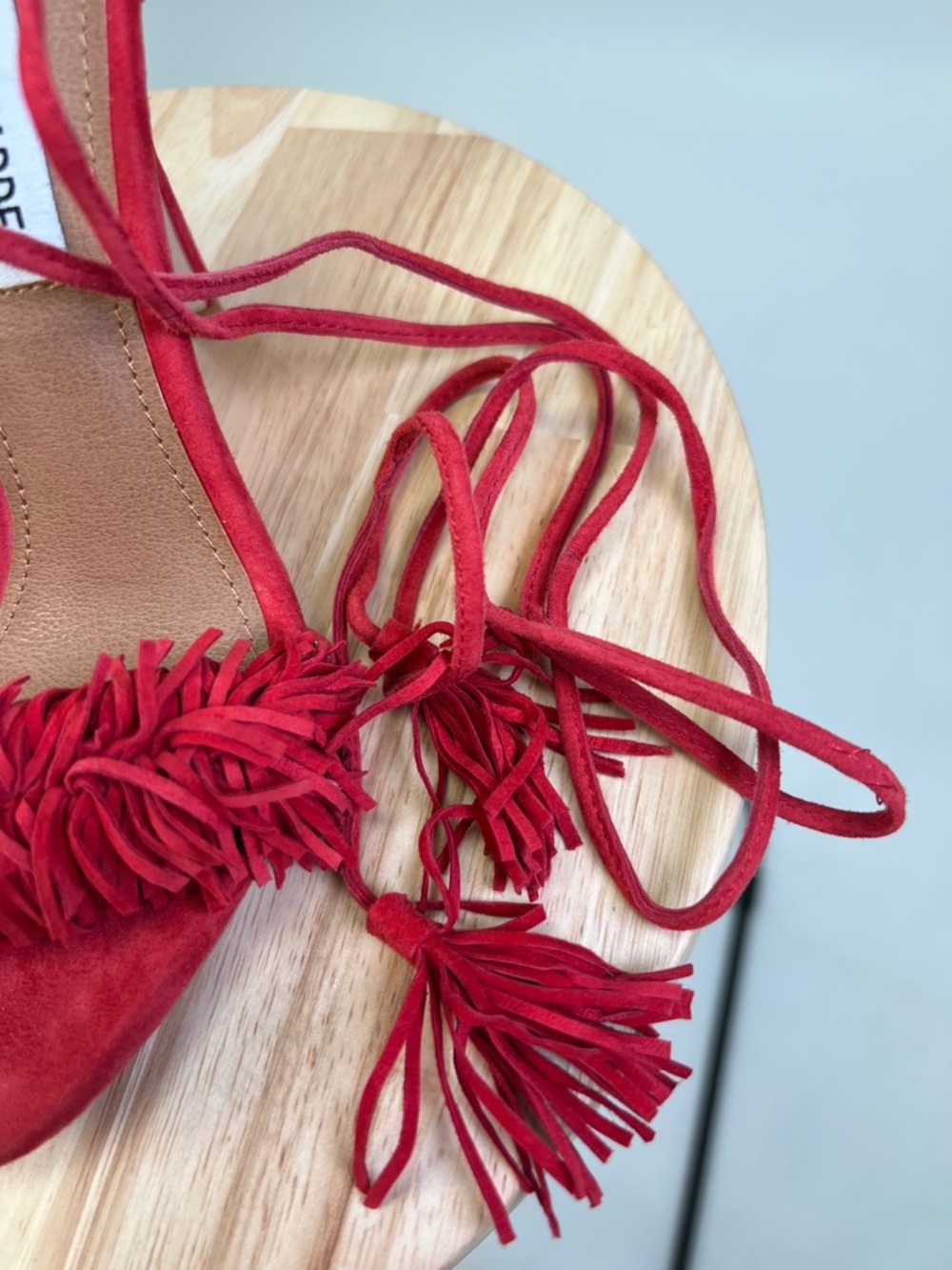 Steve Madden Red Suede Tassel Fringe Ankle-Tie Heels Sassey Size 5.5 - Picture 4 of 16